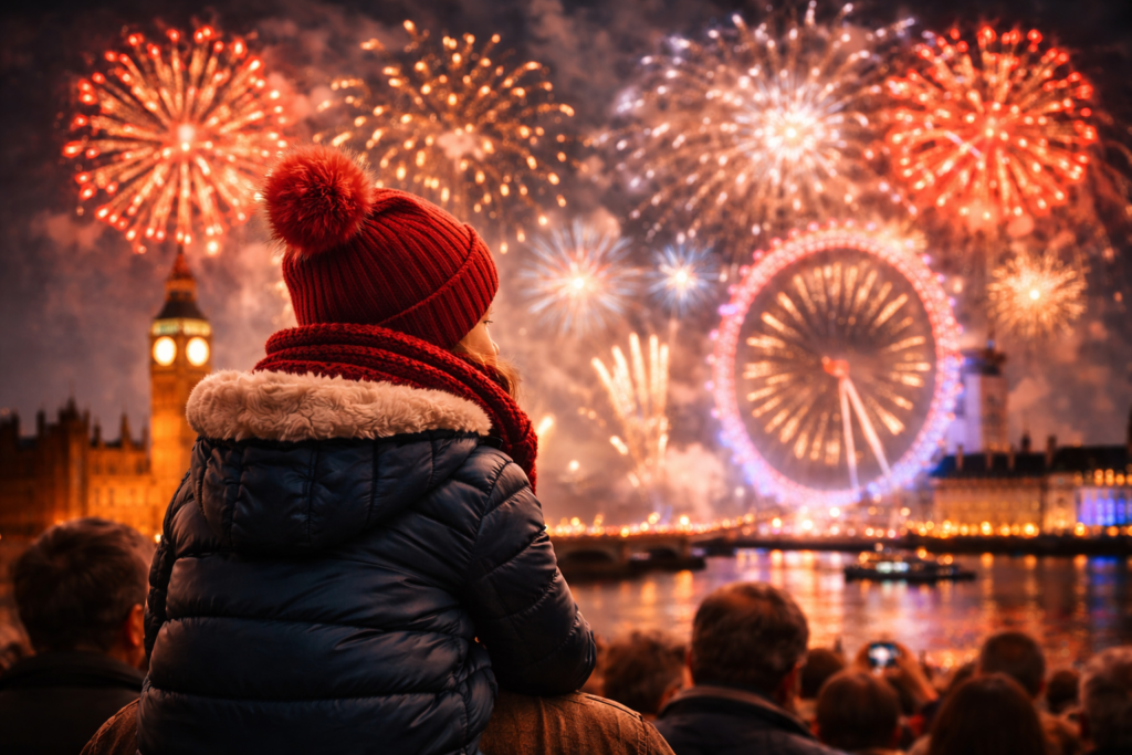 Child on adult's shoulders watching NYE fireworks in London